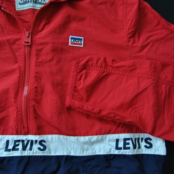 Levi Strauss & Co. Small Red White & Blue Hooded Quarter Zip Windbreaker Jacket - Picture 2 of 6